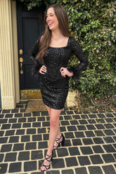 Black Homecoming Dress Corset Long Sleeves Tight Short Hoco Dress with Feathers